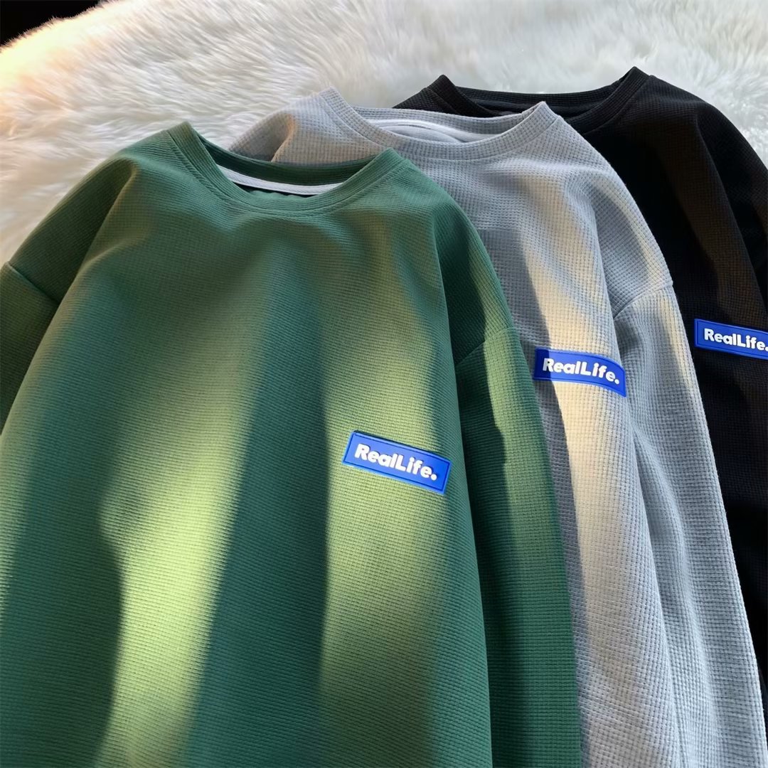 Camiseta de manga larga para hombre primavera y otoño marca de moda pesada waffle cuello redondo camisa de fondo Camiseta con suéter de alta calidad