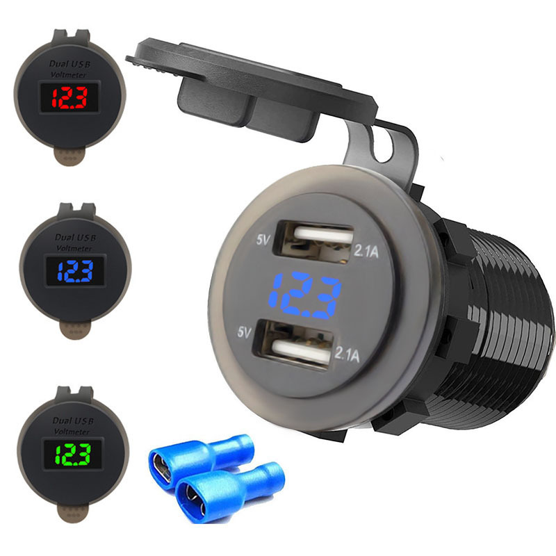 Car and Motorcycle USB Charger Cigarette Lighter Dual USB Car Charger 12V-24V Socket with Voltmeter for Vehicle Use