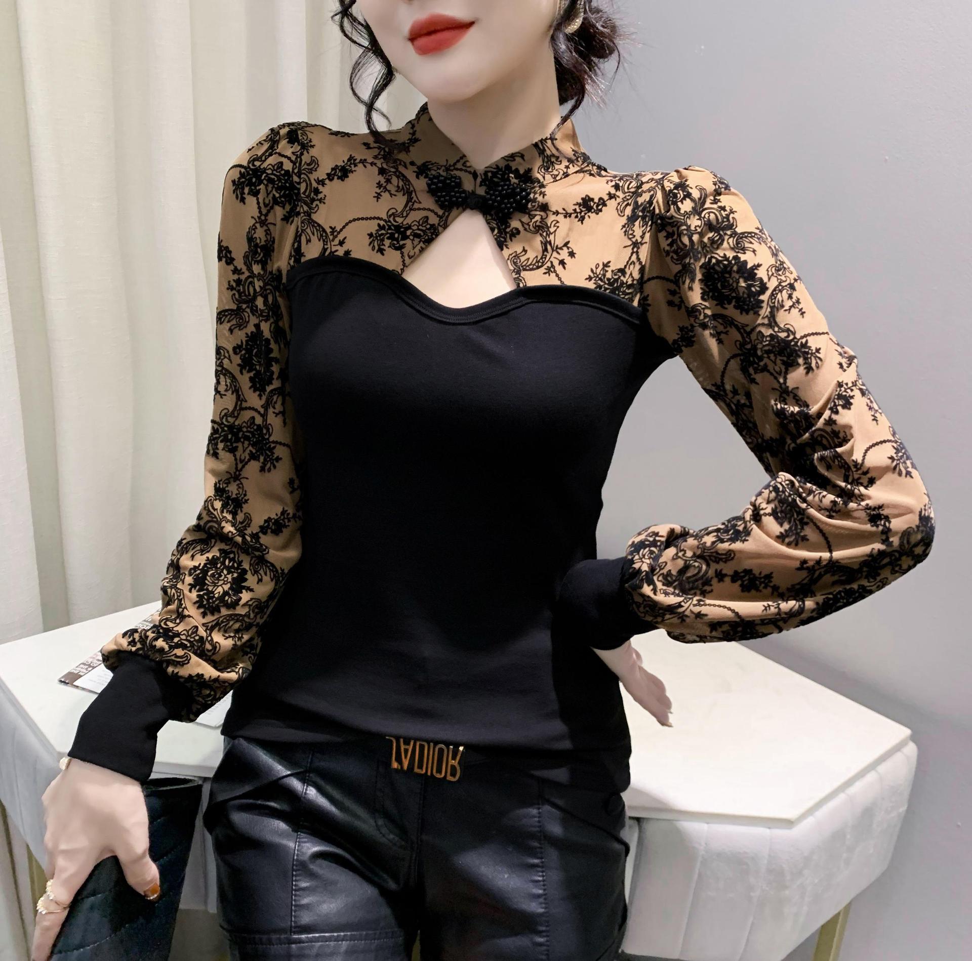 Real shot 2023 otoño nuevo impreso costura diseño retro chic stand collar manga larga Camiseta tocando fondo para mujeres image 3