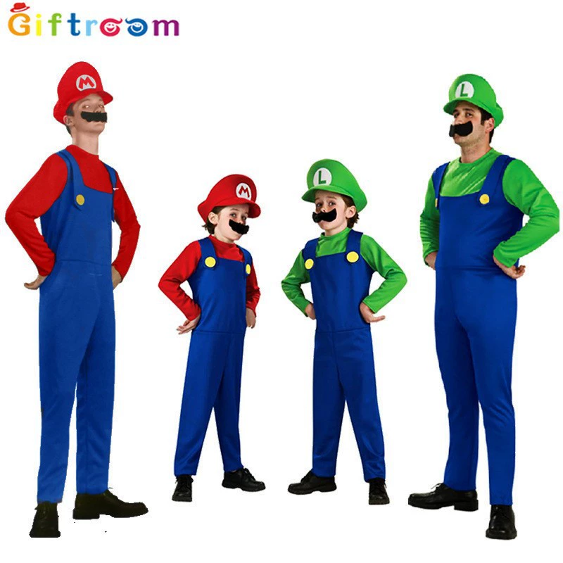 Costume Super Mario-style Overalls Set, Red/Green, Adults & Kids, Sizes 95–188 cm