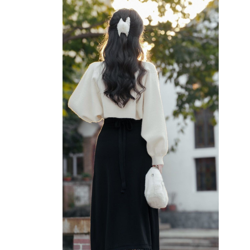 フランスの秋服、ニットセーター、サスペンダードレス、カーディガンの2点セット、新しい中国風のレトロな国民風|undefined