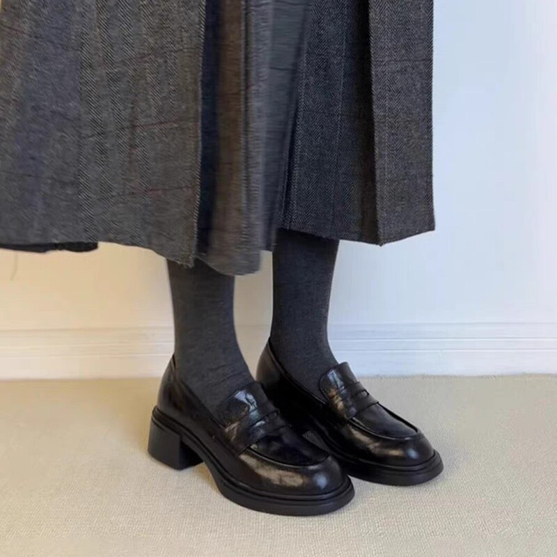 Sheepskin Version ~ Thick-Soled High-Heeled Round-Toe Loafers for Women, British Style Slip-On Work Clothing Shoes, Versatile Thick-Heeled Small Leather Shoes