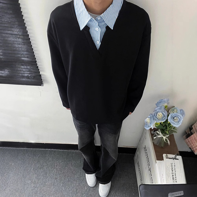 Fake Two-piece Shirt Collar Sweatshirt Men's Spring and Autumn Trendy Brand Niche Design Sense American Stripe Stitching Heavy Long-sleeved T-shirt