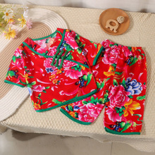 萌不溜中国风婴儿短袖七分裤两件套棉绸童装夏季睡衣