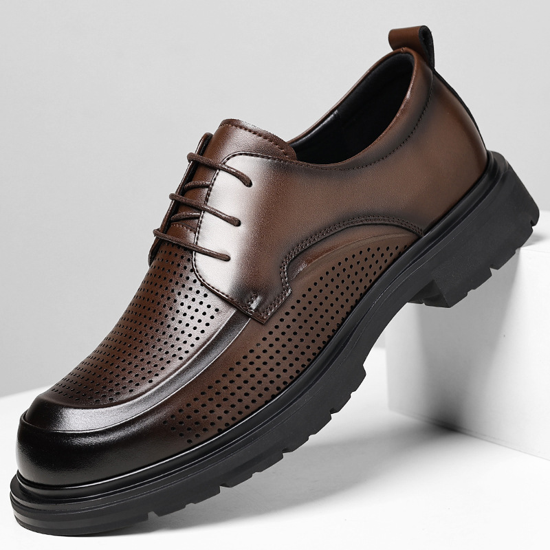 Men's Summer Hollow Out Leather Shoes Low Top Business Casual Comfortable Large Size Slip-On Dress Shoes_vogvips.com