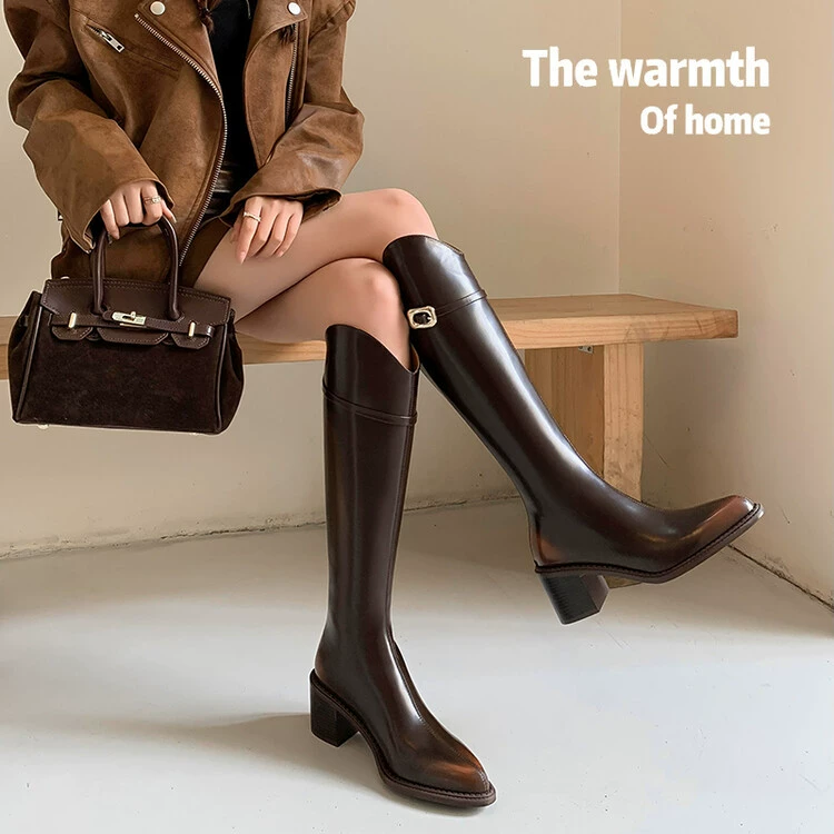 Кожаный наконечник на высоком каблуке маленький темно-коричневый рыцарь осень-зима новый мелад плюс бархатные сапоги ковбойские сапоги женский