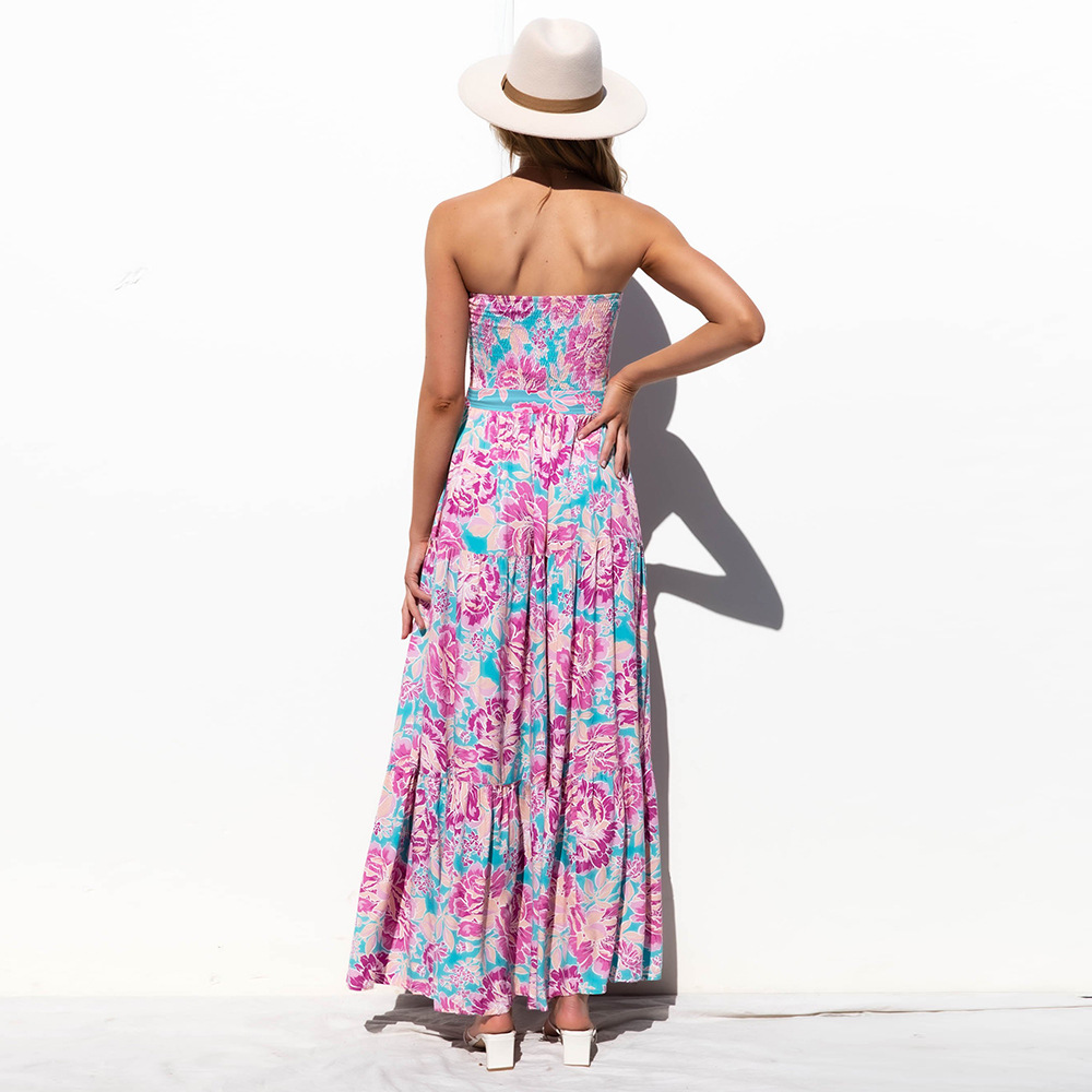 summer sleeveless tube top backless floral print lace-up dress  NSHYG118505