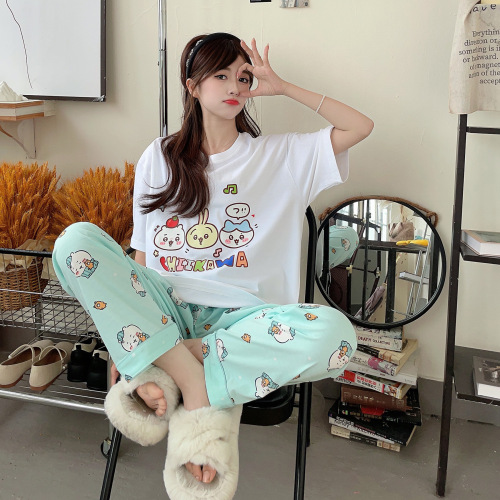 Women's Summer 2024 New Gi Yee Pajama Set with Pure Cotton, Round Neck, Short Sleeve, Long Pants, Casual, Cute Cartoon Design, Wearable Outside