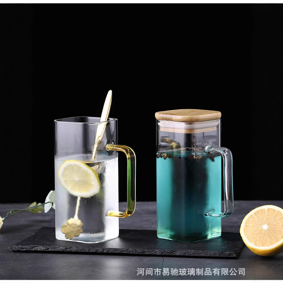 Taza de agua de boca cuadrada al por mayor, taza de vidrio cuadrada de borosilicato, taza de leche doméstica, taza de café con asa, taza de jugo simple
