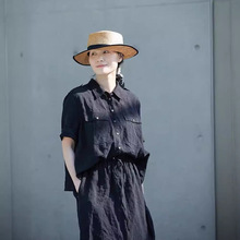 文艺棉麻女装夏款黑色亚麻翻领开襟中袖飞行员宽松衬衫