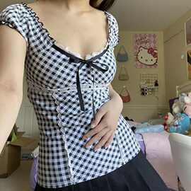 Printed slim fit short sleeved top for women印花修身短袖上衣