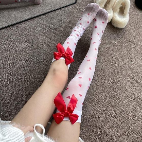 Christmas Sweetheart High Barrel Stockings Love Pattern Red Bow Ultra-thin Leg Long Barrel Over-the-Knee Stockings Women's Stockings