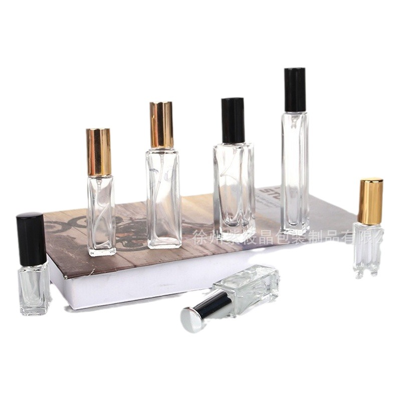 Botella de perfume cuadrada de 10ml, botella de muestra de perfume de vidrio transparente, botella de spray cosmético, botella de recarga de perfume de 5ml