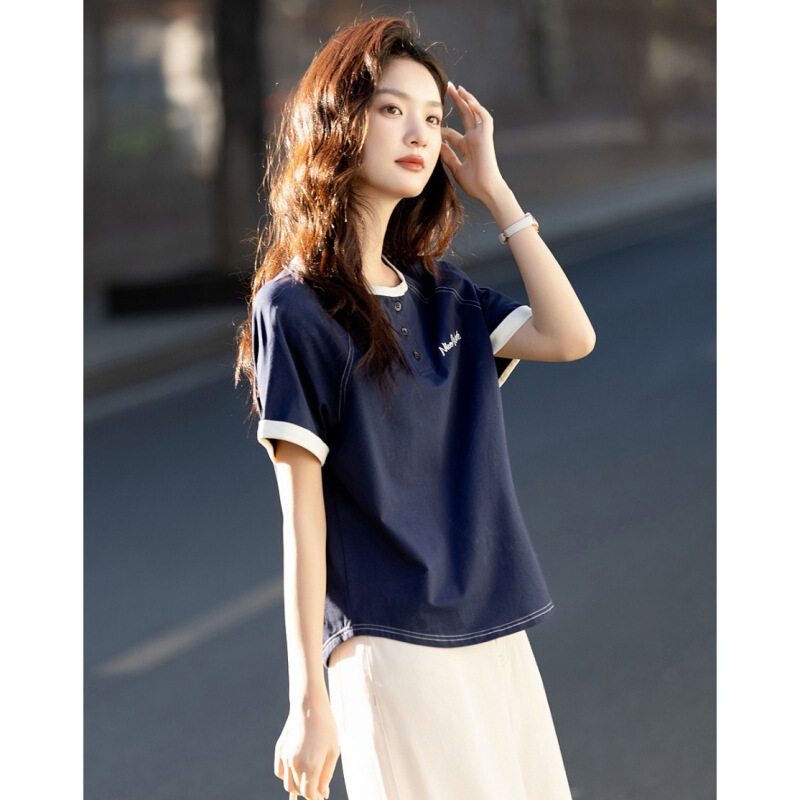 Natural Summer Letter Embroidered Cotton Ammonia Base Shirt Contrast Color Press Line Small Women's T-shirt