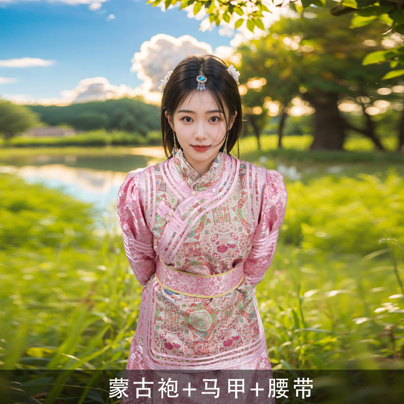 핑크 몽골 가운 + 조끼 + 벨트