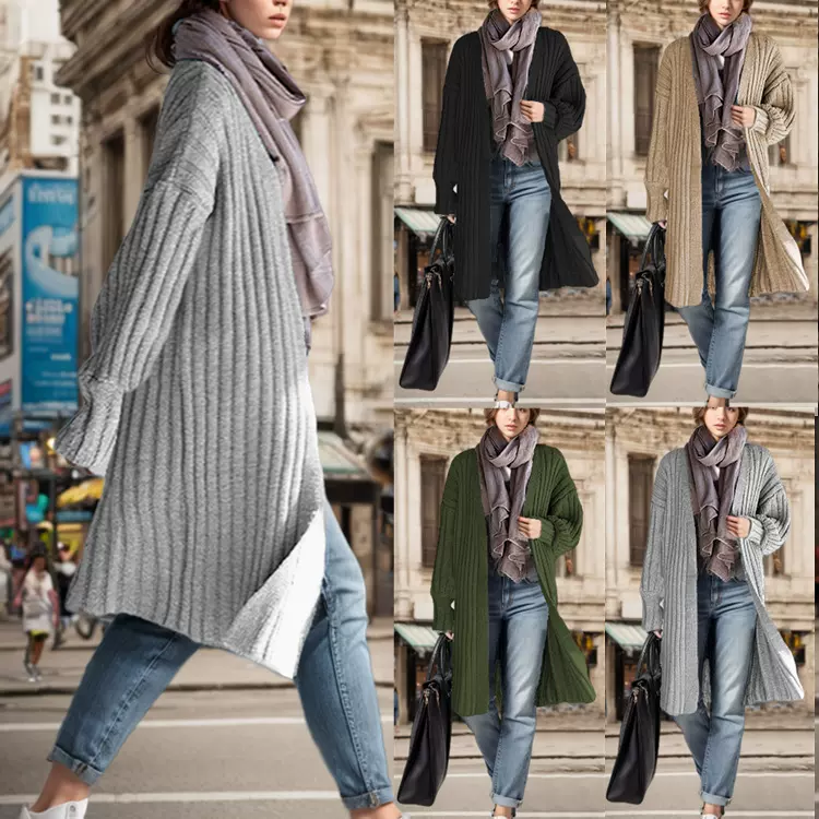 秋冬亚马逊速卖通跨境外贸女装V领中长款针织衫开衫灯笼袖毛衣女