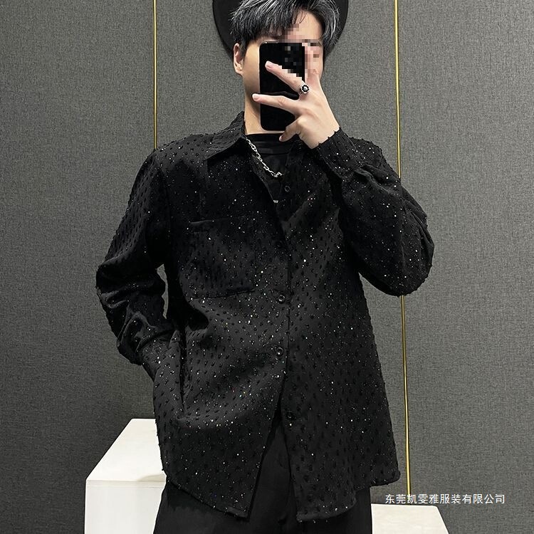 Trendy Brand Summer Design Men's Starry Pattern Hairstylist Shirt Nightclub Loose Trendy Long-Sleeve Fashion Shirt Cool and Stylish