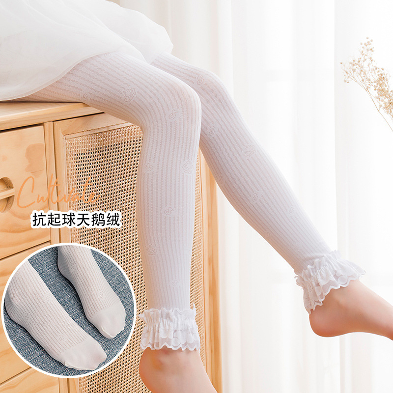 夏季超薄款抗女童連褲襪花邊薄兒童絲襪起球白色寶寶九分褲子