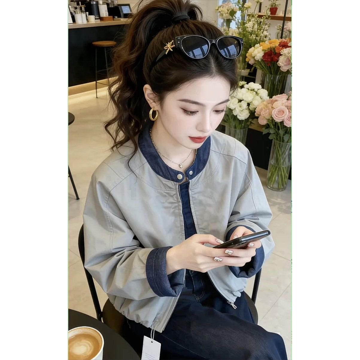 2026 Spring New Trendy Denim Patchwork Jacket for Women, Korean Style, Loose Fit, Stand Collar, Slimming Baseball Jacket Top