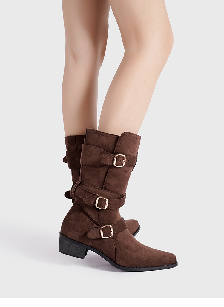 Spetsiga Knight-stövlar för kvinnor Hösten 2024 nya brittiska stövlar med spänne i västerländsk stil, mellanhöga Martens-stövlar för kvinnor_voghion.com