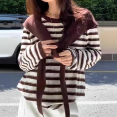 披肩帽+条纹针织T真两件套小众温柔秋款女装2025新款两件套设计
