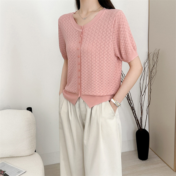 Summer solid knitted fashionable cardigan with a round collar