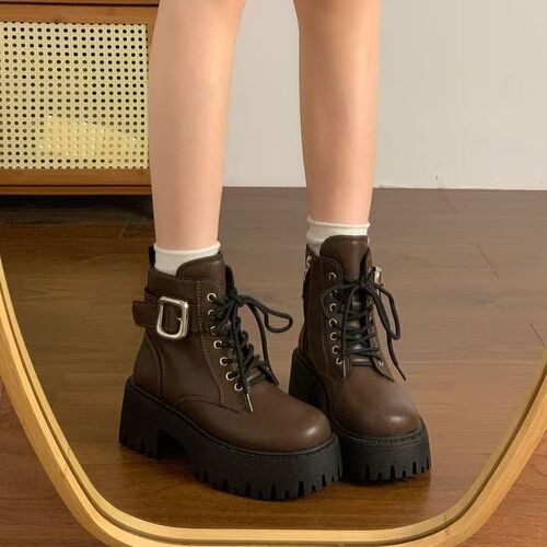 Women's Brown Fall/Winter Ukulele Style Thick Sole Short Boots with High Heels