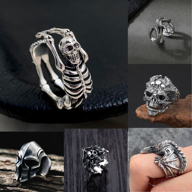European and American Retro Thai Silver Skull Skeleton Open Ring Punk Dark Style Cool Men and Women Versatile Silver Ring