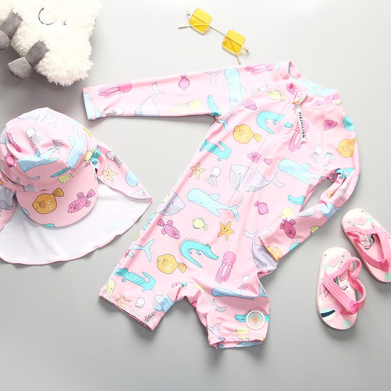Girls' Swimwear One-piece Long-sleeved Sunscreen Children's Baby Children's Swimwear Girls' Beach Surfing Clothing Trendy