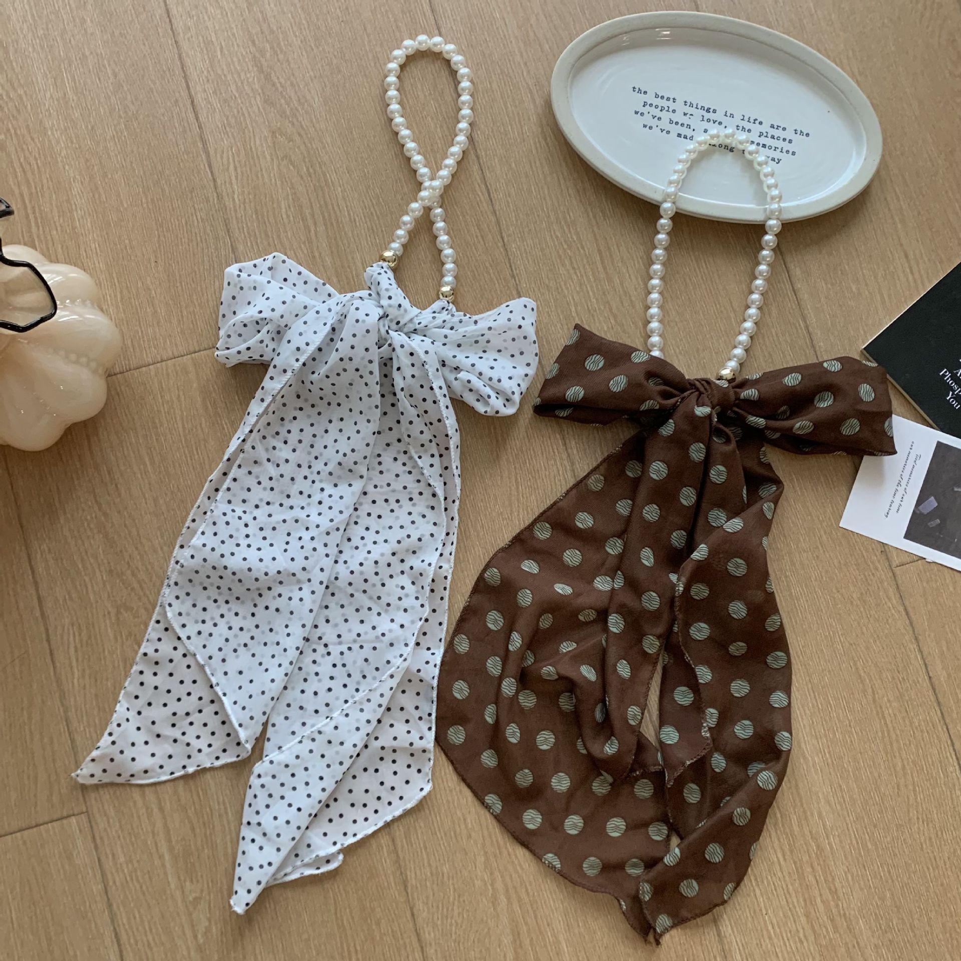 Collar de perlas Nuevo cinturón de moda multiusos Bufanda de seda Tiras largas Tiras de alta calidad Turbante para el cabello Cinturón de lunares para el cabello Accesorios para el cabello