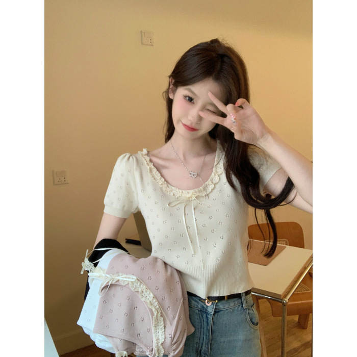2025年夏新作 レース透かし彫りリボン付きニット半袖Tシャツ レディース 可愛いスリムフィット 学生向けトップス トレンド|undefined