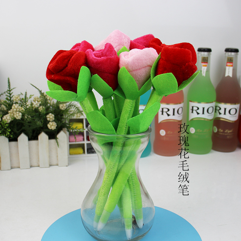 创意可爱 玫瑰花鲜花毛绒蓝色花朵圆珠笔 学生办公文具礼品