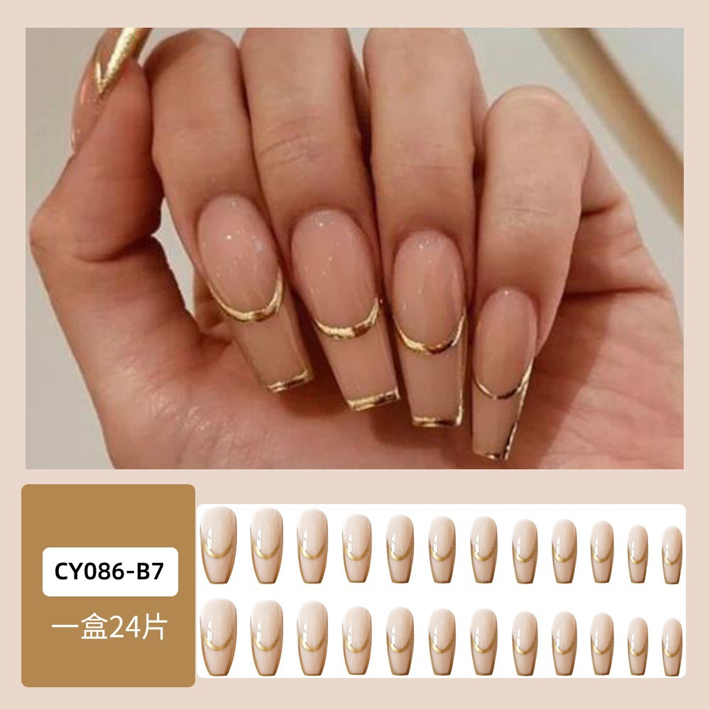 Retro lujoso oro ligero doble estilo francés de desgaste de uñas transfronterizas 24 piezas de uñas falsas desnudas