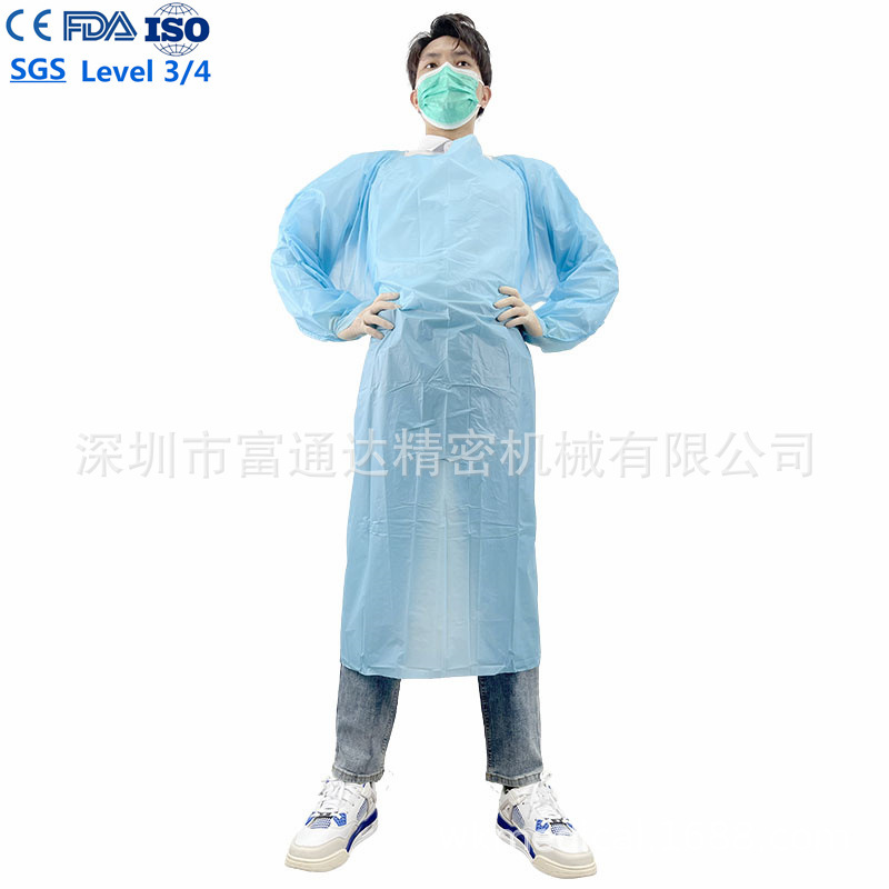 工厂现货一次性CPE反穿拇指扣围裙 55g医护用GB19082-2009认证