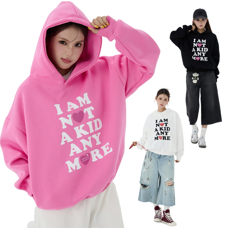 W603美式复古男女款高级感潮流趣味爱心印花设计男式宽松连帽卫衣|undefined