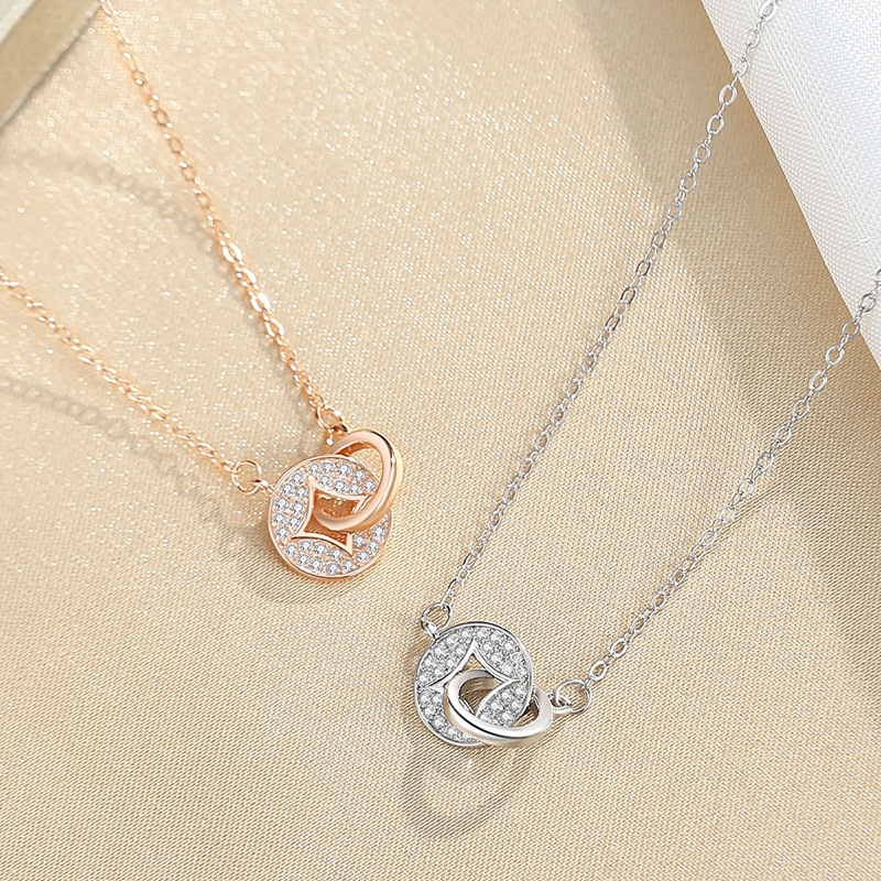 S925 plata de ley nuevo collar de hebilla de moneda de cobre de diamante completo de estilo chino clásico con hebilla de doble anillo para mujer cadena de clavícula joyería creativa