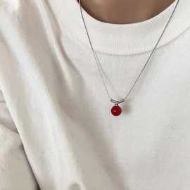 保色新年红新中式简约酒红色红玛瑙竹节项链小众设计百搭毛衣链
