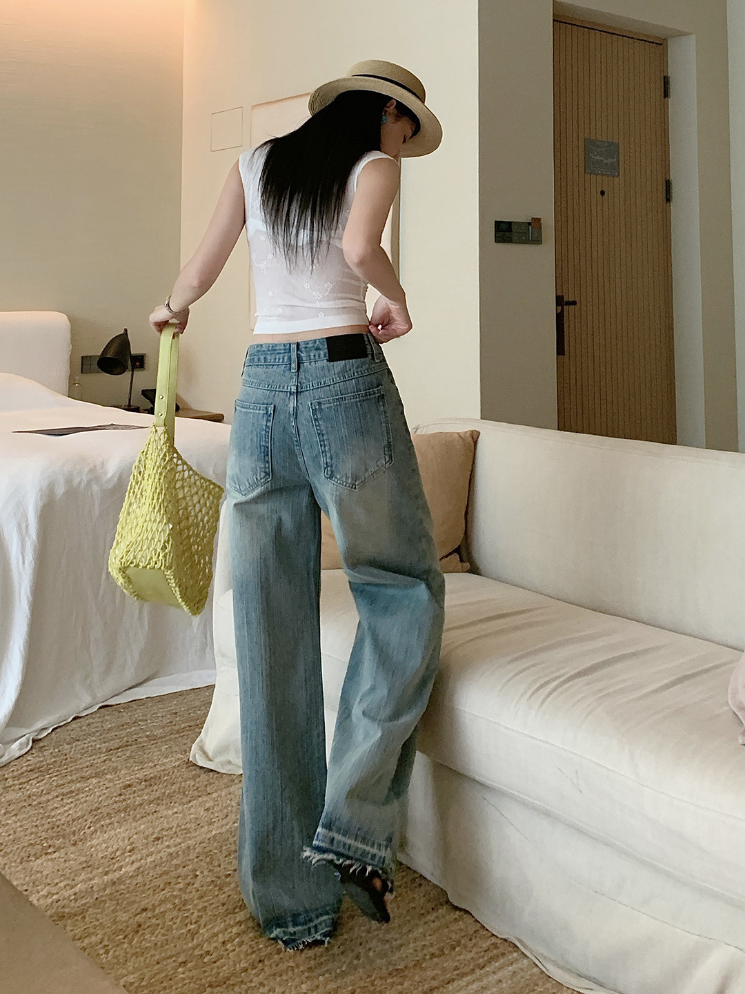 Summer New Style American Retro Bamboo Pattern Three-Dimensional Whisker Design Mid-Waist Frayed Jeans for Women