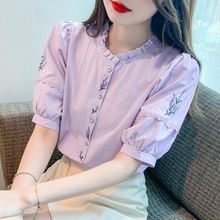 夏季2025新款女装时尚减龄刺绣纯棉衬衫女洋气全棉泡泡袖宽松上衣