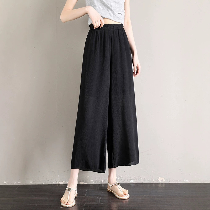 Chiffon Wide-Leg Pants for Women, High-Waisted, Nine-Tenths Length, Drapey, Summer Thin Style, Flowing Straight-Leg Ice Silk Skirt Pants, Seven-Tenths Length Casual Gauze Pants