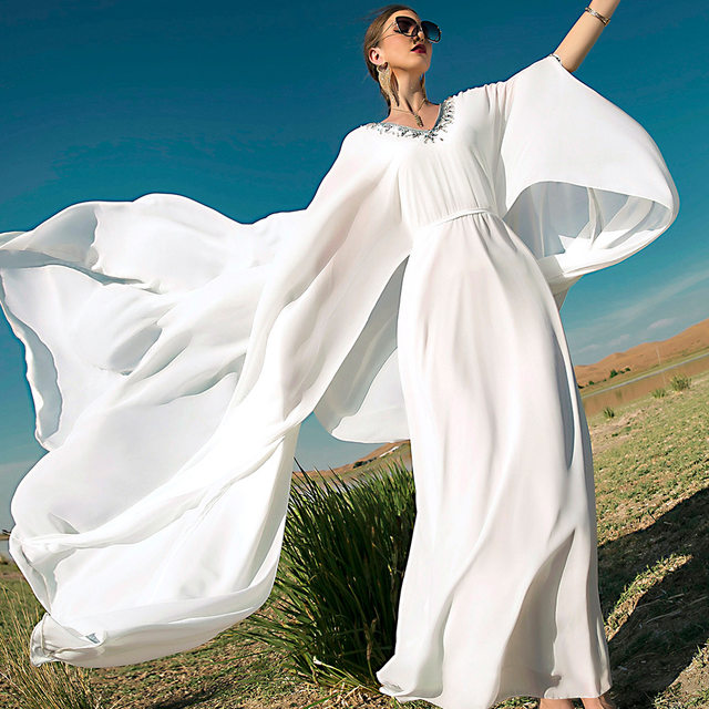 BA7063 White V-neck hand-stitched diamond cloak swing dress travel photo design aesthetic long skirt