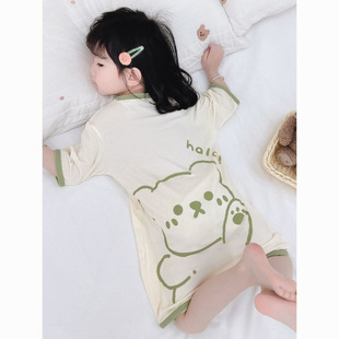 Girls One-Piece Pajamas Modal Summer Short-Sleeved Little Girl Nightgown Baby Kidsren Anti-Kick Quilt Air-Conditioned Home Clothes