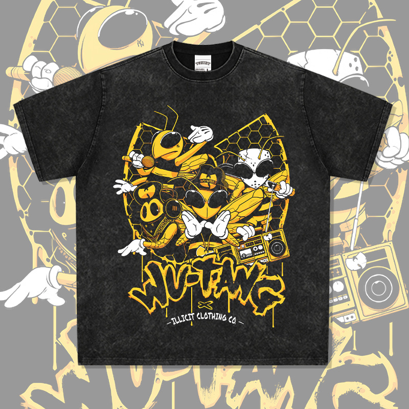 Wu-tang camiseta de manga corta retro americana con estampado lavado y desgastado suéter con capucha y cuello redondo suelto de algodón pesado