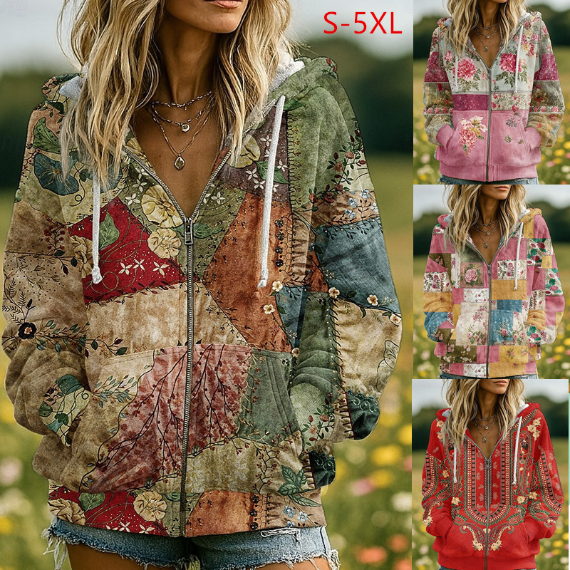 2025 Autumn and Winter New Plus Size Women's Hooded Jacket European and American Independent Station Zipper Pocket Printed Cardigan Sweatshirt