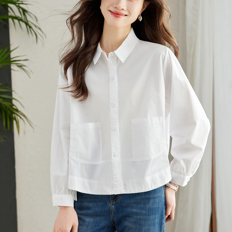 Factory Direct Sale White Long-Sleeve Shirt for Women, 2026 Spring New Style, Petite Niche Top, Korean Style Pure Cotton Shirt