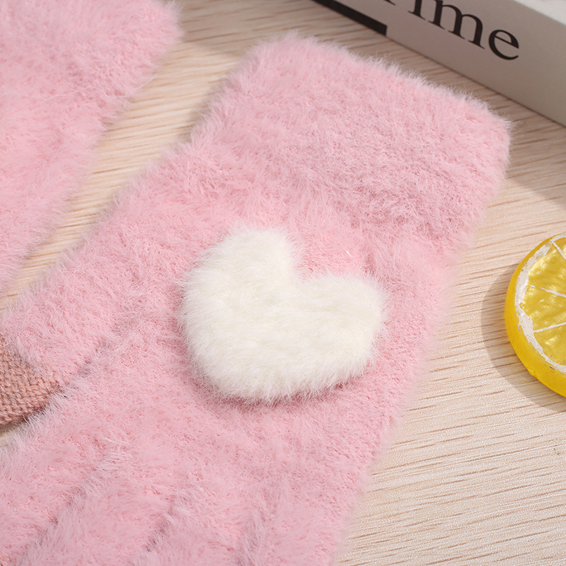 Winter Love Gloves Cute Thickened Korean Style fleece-lined Warm Cycling Five-Finger Student Touch Screen Cold-proof Ins