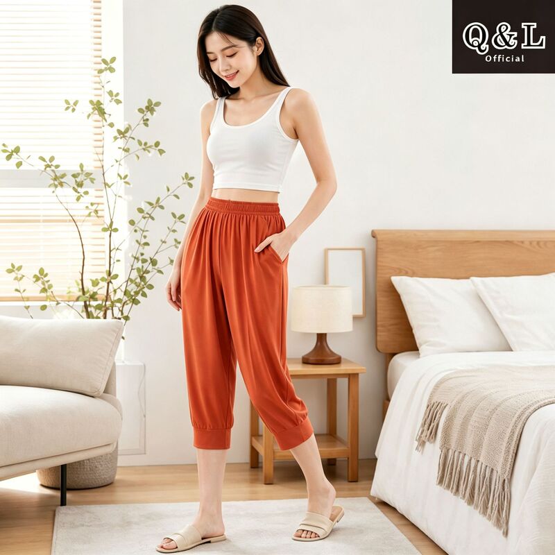 Factory direct women's three-quarter length loose-fitting jogger pajama pants with pockets, solid color, stretchy, home casual pants, supports mixed orders Factory direct women's three-quarter length loose-fitting jogger pajama pants with pockets, solid color, stretchy, home casual pants, supports mixed orders
