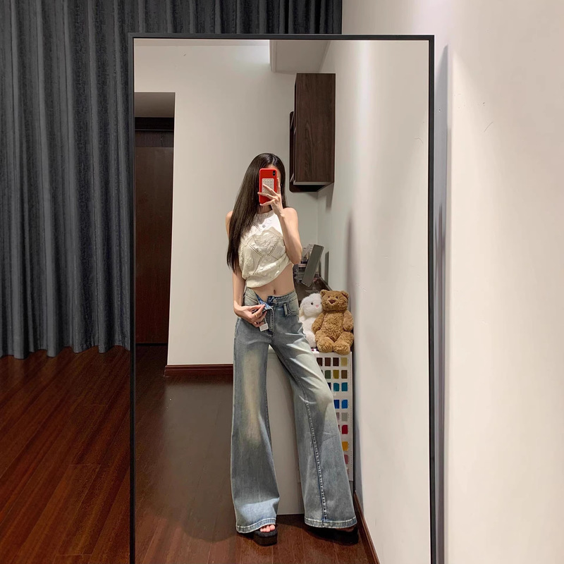 American Retro Low-Waist Flared Jeans for Women, Summer 2026 New Style, Loose Fit, Slimming, Floor-Length Bell-Bottom Pants