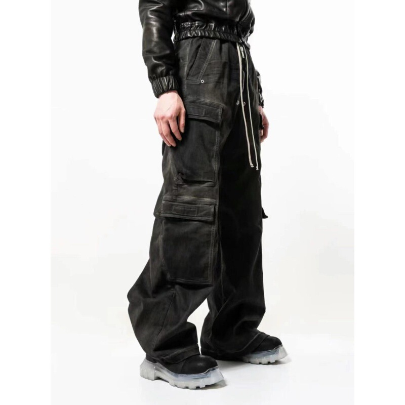 Vintage RO Style Washed Gradient Multi-Pocket Workwear Straight-Leg Pants Men's and Women's Trendy Brand Smoky Grey Dressed Jeans Vintage RO Style Washed Gradient Multi-Pocket Workwear Straight-Leg Pants Men's and Women's Trendy Brand Smoky Grey Dressed Jeans