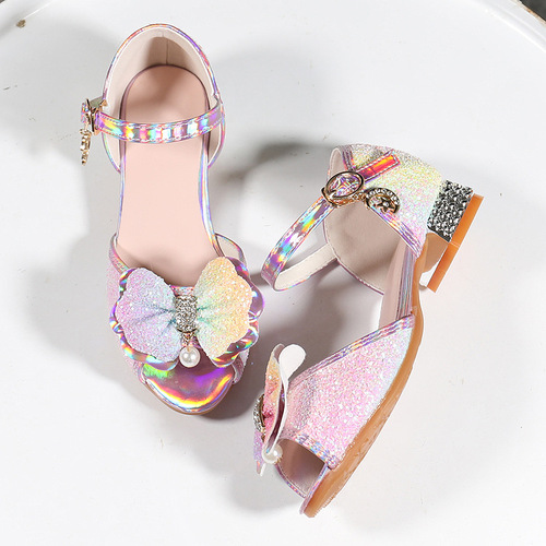  New Ice and Snow Rainbow Dream Girls' High Heels Children's Princess Sandals Bowknot Kids' Shoes Crystal Heels